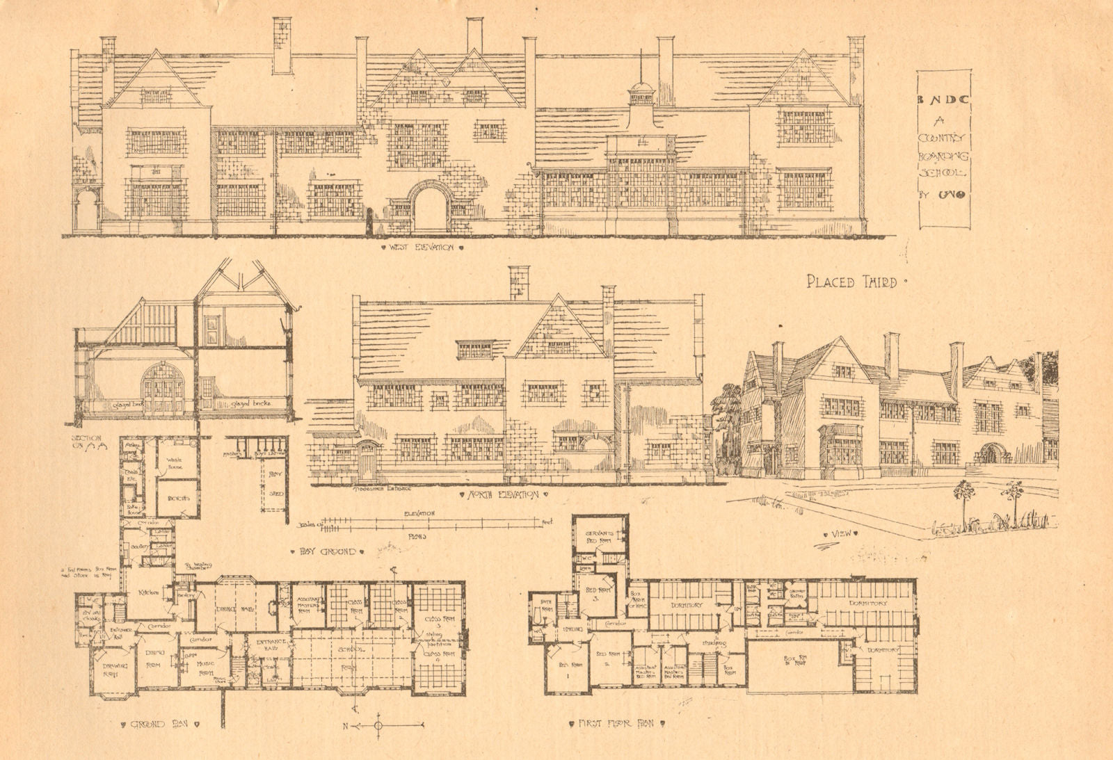 A Country Boarding School by Uno. Elevations, Ground & 1st floor plan 1901